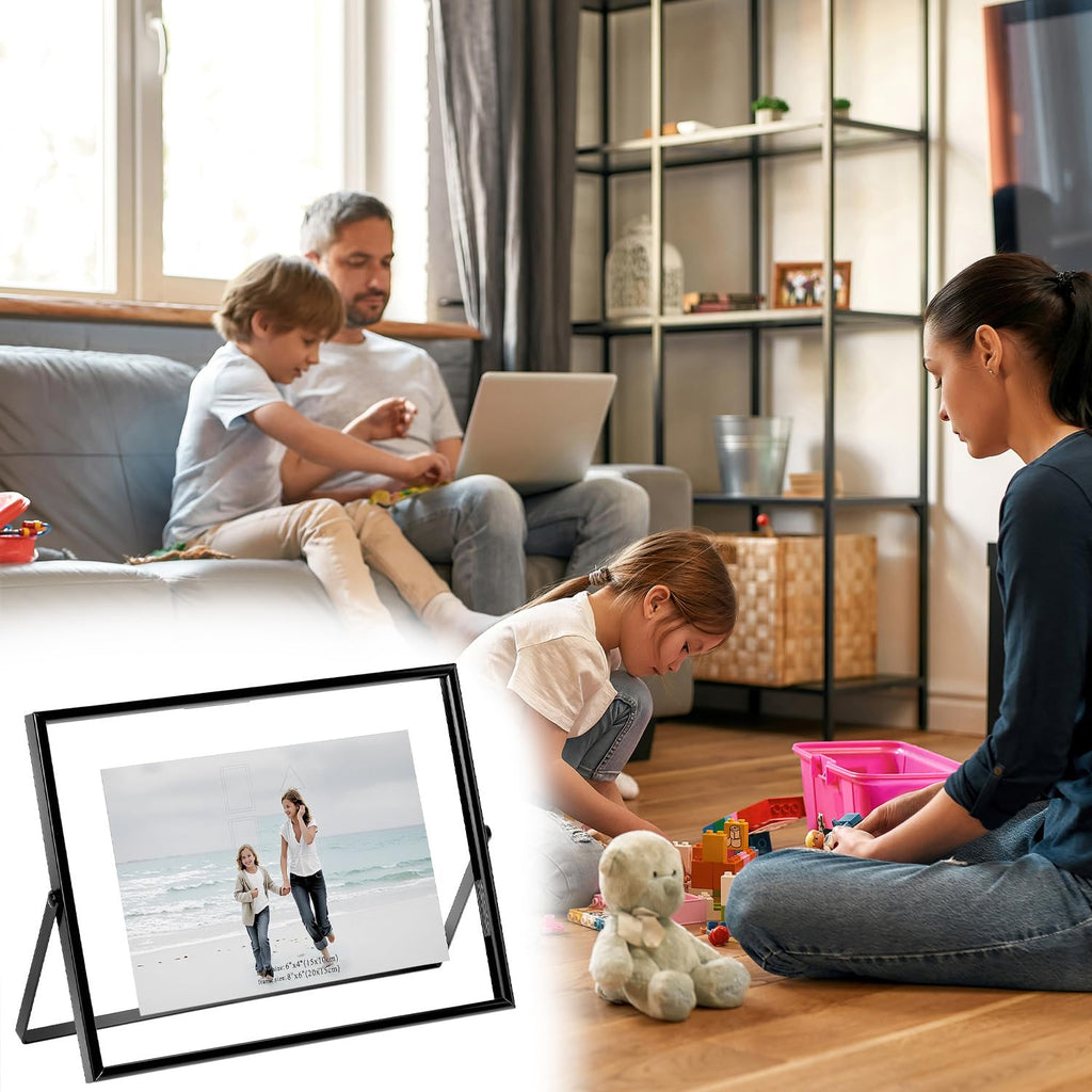 6x8 Inch Black Floating Picture Frame Horizontal, Fits 5x7 4x6 3x5 Photos, Glass Double Panel Metal Frame for