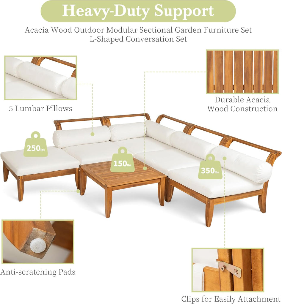 6 Piece Patio Sofa Set, Acacia Wood Outdoor Modular Sectional Garden Furniture Set, L-Shaped Conversation Set
