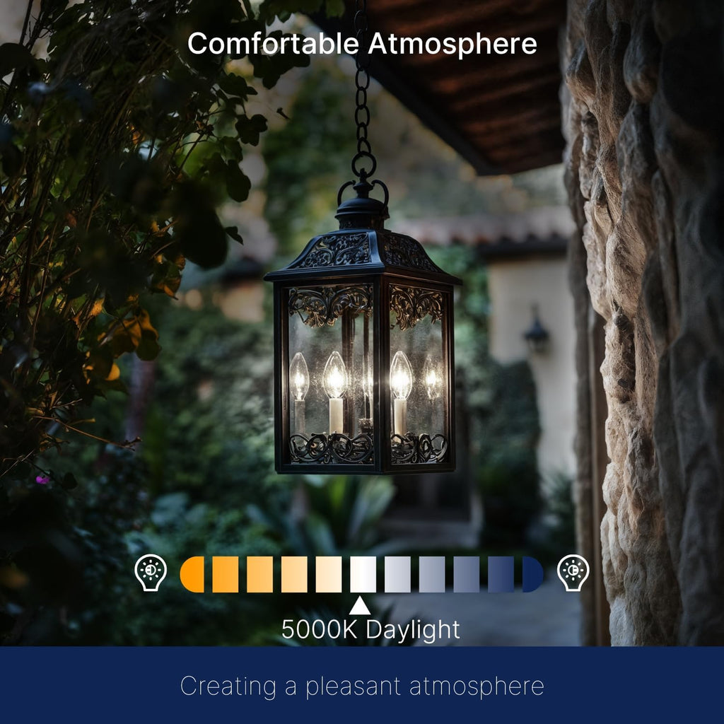 Dusk to Dawn Outdoor Sensor LED Edison Bulbs, 4W (40W Eqv.), 450LM, Clear B11 LED Candelabra Bulb E12 Base, Auto