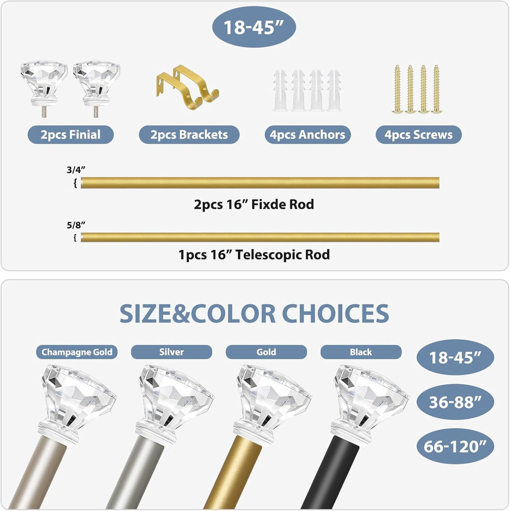 Gold Decorative Crystal Curtain Rods 18 to 45 Inch:Heavy Duty Adjustable Window Curtains Rods for Living Room Bedroom