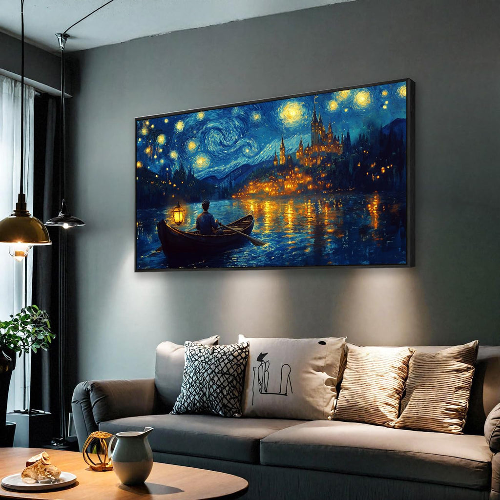 Wall Art Canvas Print Starry Night Over the Rhone by Van Gogh 30 x 58 inches Framed Home Artwork Decor Canvas Art