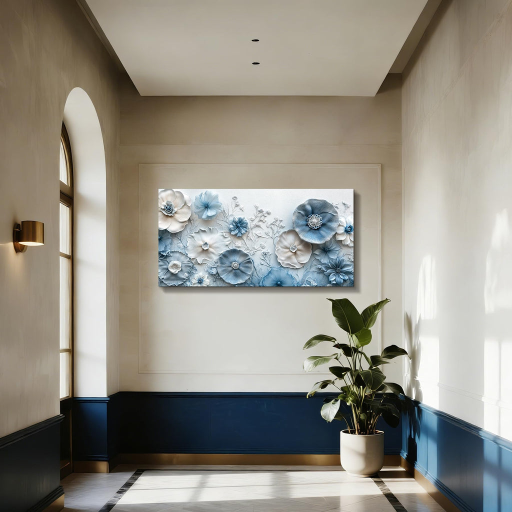 Blue White Large Wall Decor, Abstract Flower Art Prints 24"x48"