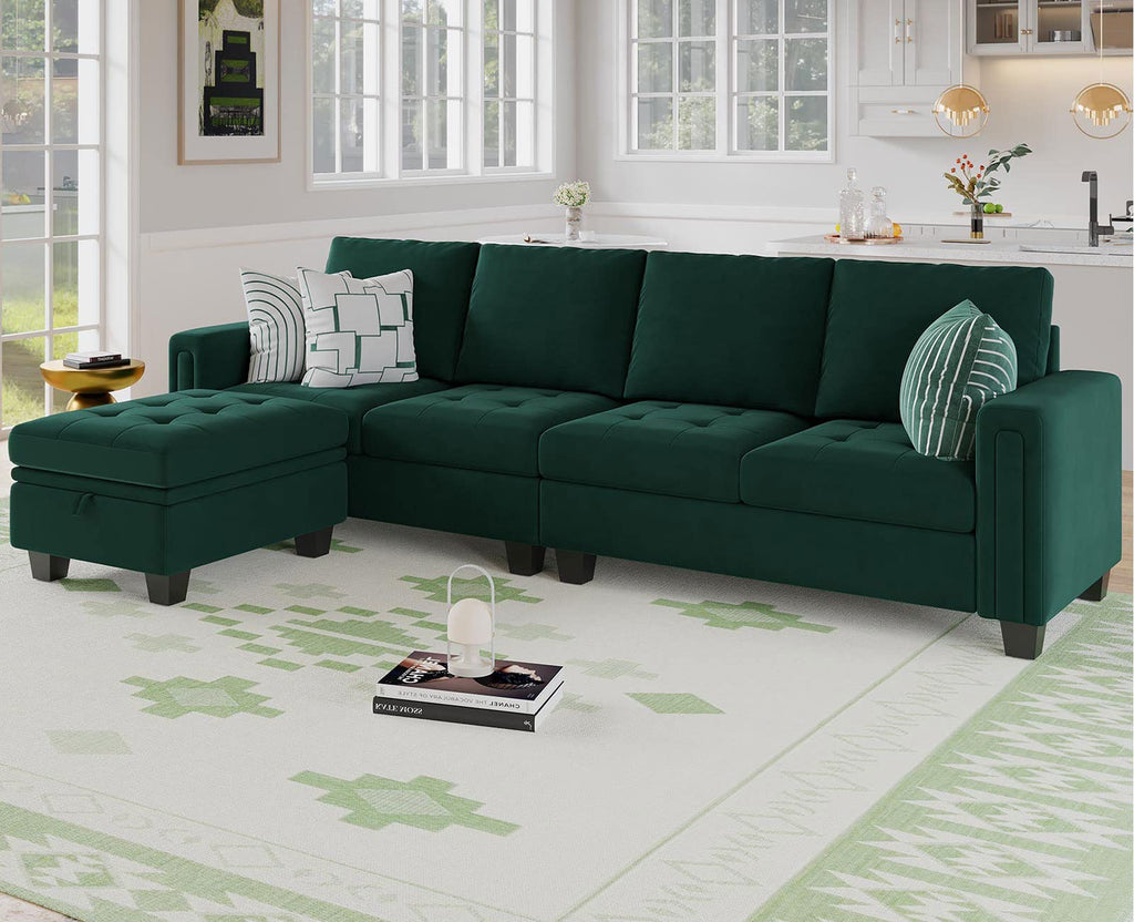 Velvet Reversible Sectional Sofa with Chaise Convertible L Shaped 4-seat Sectional Couch with Storage Ottoman Green