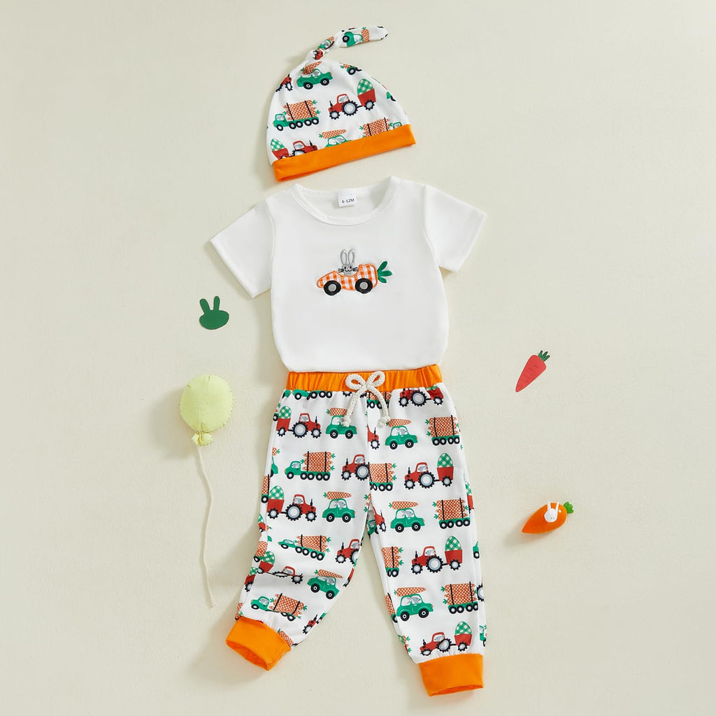 Newborn Baby Clothes Boy Funny Letter Short Sleeve Onesie Romper+Long Pants Set Infant Summer Outfits (White Easter