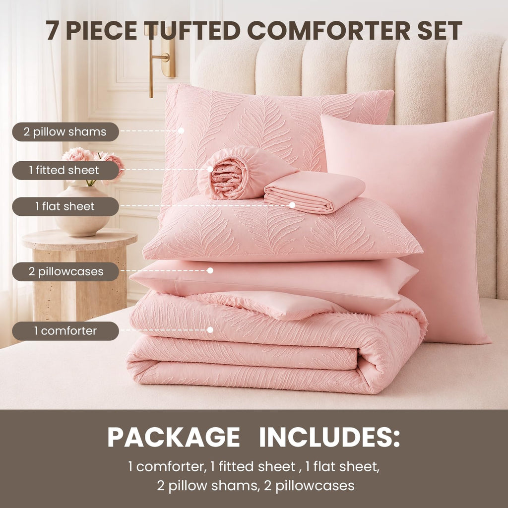 Queen Comforter Set Pink 7 Pieces Tufted Boho Comforter Set Leaves Floral Farmhouse Shabby Chic Bedding Sets for All