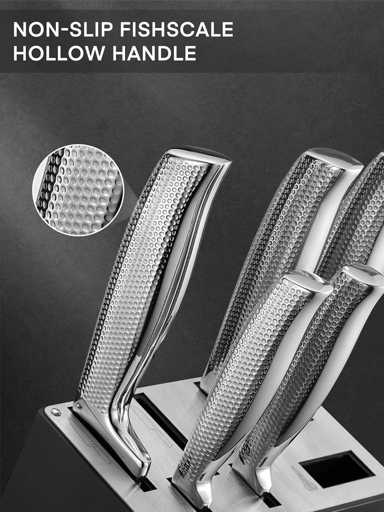 Knife Set, 14 Pieces Kitchen Knife Set with Built-in 5 x Sharpeners, Waved Texture Knife Set with Block, Stainless