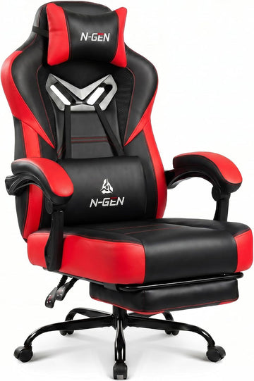Big & Tall Gaming Chair with Footrest, Lumbar Support, Red | Ergonomic High-Back Chair for Adults, Padded Wide Seat