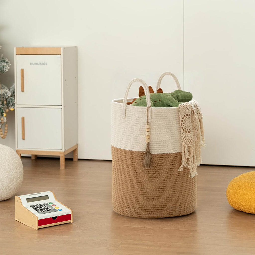 Blanket Basket 58L, Woven Laundry Hamper Tall Laundry Basket with Boho Wooden Tassels, Large Cotton Rope Storage