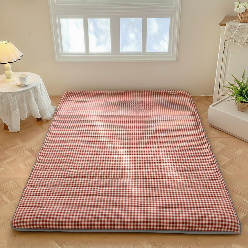 Red Gingham Japanese Floor Mattress, 39" x 80", 3.5" Thick