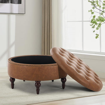 31.5" Large Round Storage Ottoman, Upholstered PU Ottoman Coffee Table | Large Ottoman with Solid Wooden Legs and