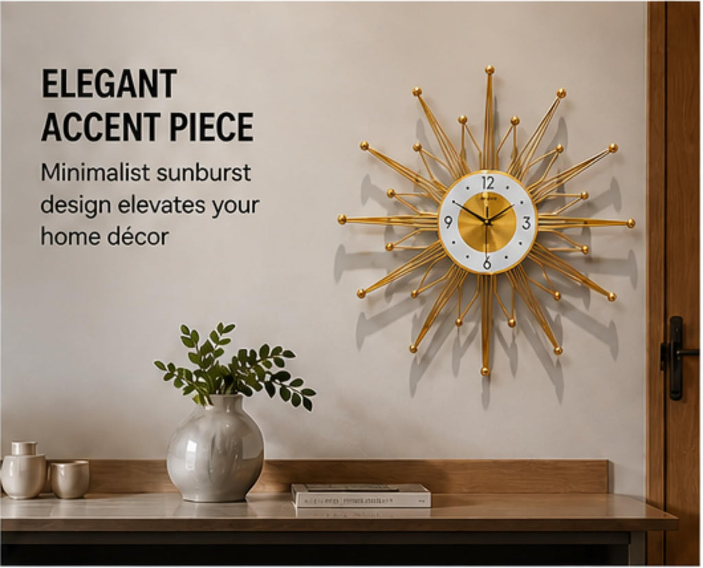 19.6 Inch Silent Large Wall Clock Decor, Gold Sunburst Starburst Wall Clocks Battery Operated Kitchen Office Home