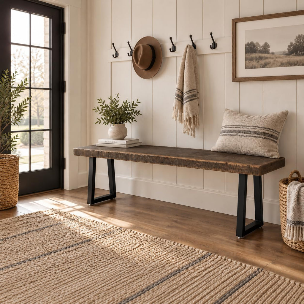 Rustic Revival Reclaimed Barnwood Bench, Solid Wood with Metal Base, Modern Farmhouse Style, 2-Inch Thick Top, (48x12)
