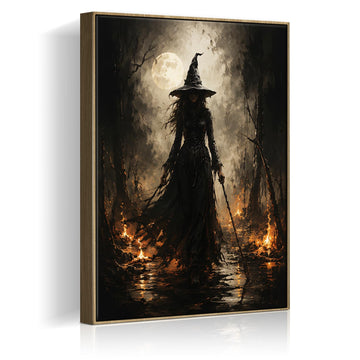 Halloween Framed Wall Art, Dark Witch in Moonlit Forest Halloween Pictures