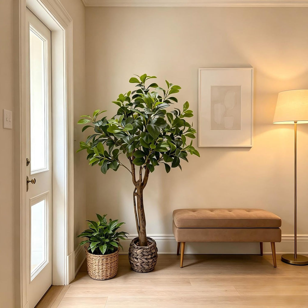 Artificial Ficus Tree, Floor Plant in Woven Basket Indoor Decor