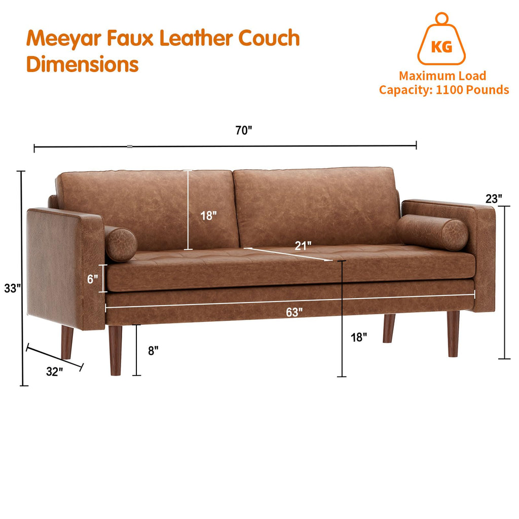 Faux Leather Couch, 70" Mid-Century Modern Sofa, Brown