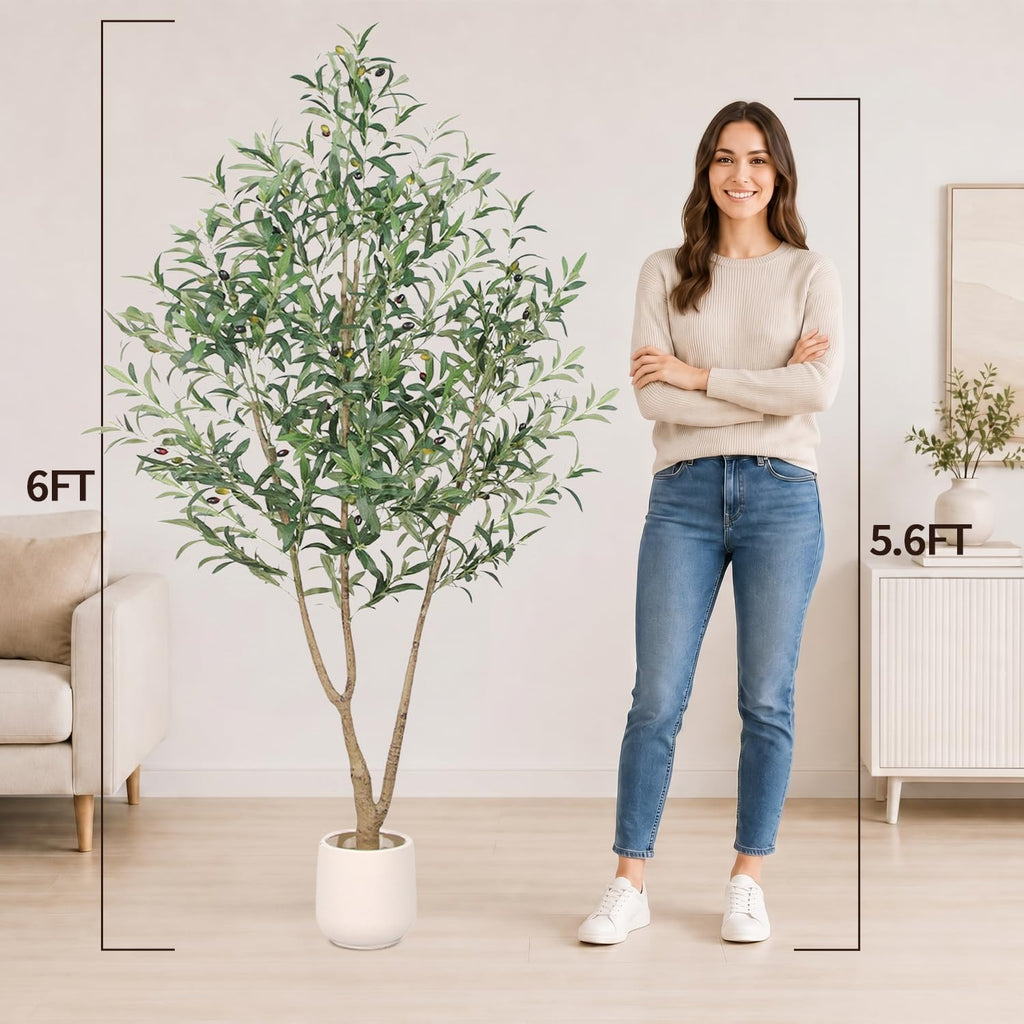 Olive Trees Artificial Indoor, 6FT Tall Faux Olive Tree with White Planter, Artificial Plants with Lush Leaves