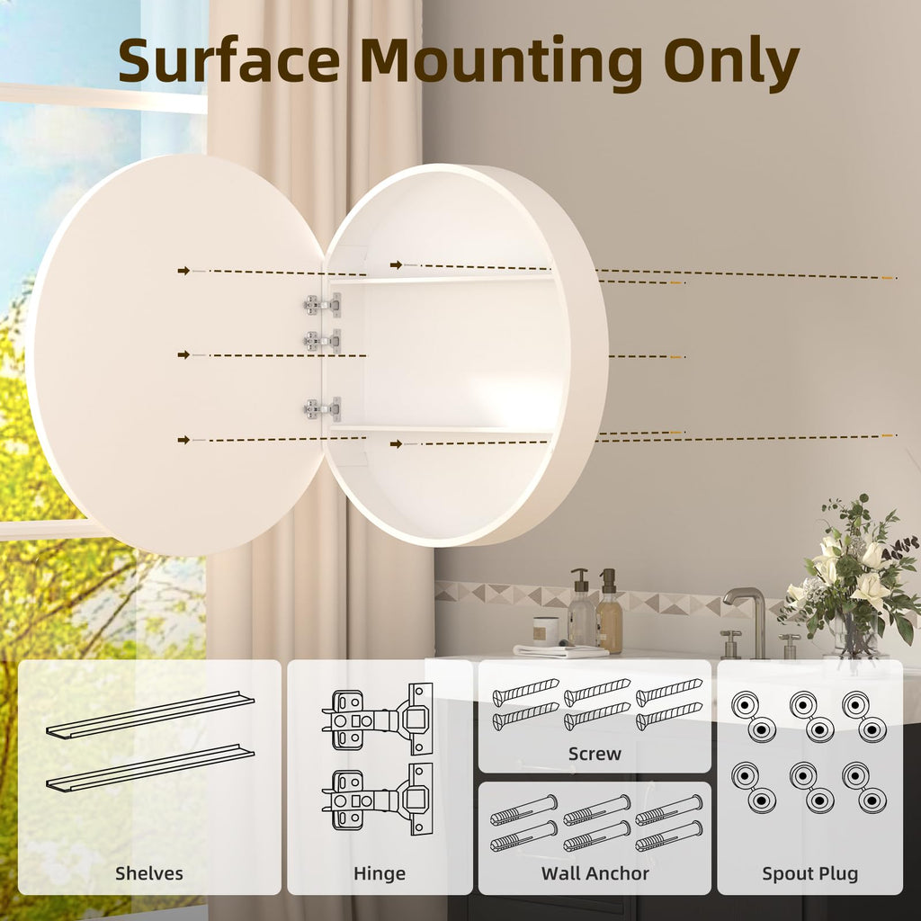 30 x 30 Inch Round White Mirror Medicine Cabinet Surface Mounted, Circular Modern Bathroom Medicine Cabinet with