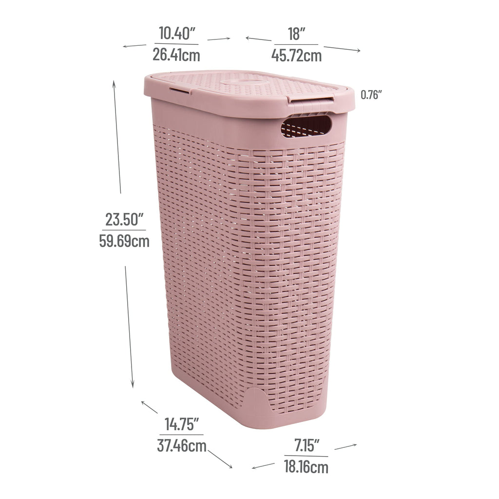Slim Laundry Hamper with Lid, 40L Clothes Basket, Narrow Tapered Design with Ventilated Cutout Pattern, Plastic, Pink