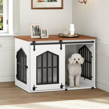 Dog Crate Furniture, Farmhouse Dog Kennel with Sliding Barn Door, Wooden Dog Cage for Small Medium Dogs