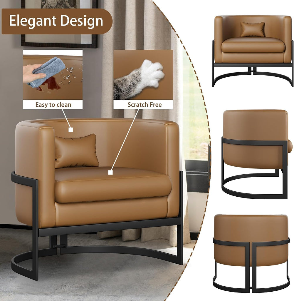 Upholstered Modern Living Room Chairs Barrel Accent Chair, Faux Leather Armchair Mid Century Lounge Chair Anti