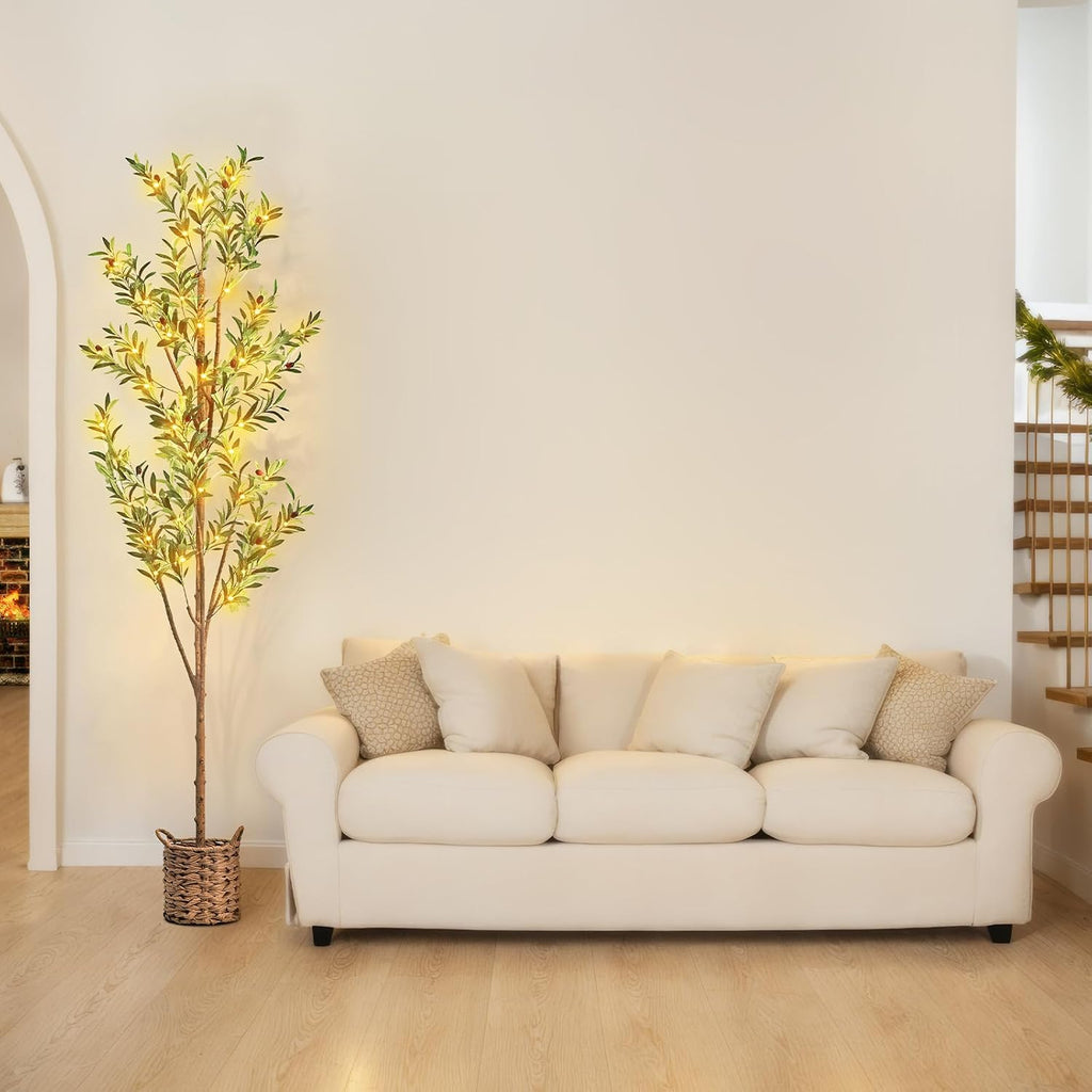 6ft Artificial Olive Tree with LED Fairy Lights, Tall Faux Potted Plant with Woven Basket - Natural Wooden Trunk &