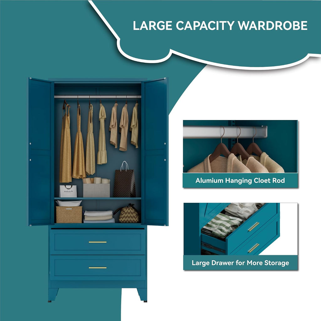 Blue Metal Wardrobe Closet, Armoire Wardrobe with Two Drawers Clothes Cabinet , 71" Tall Farmhouse Steel Armoire