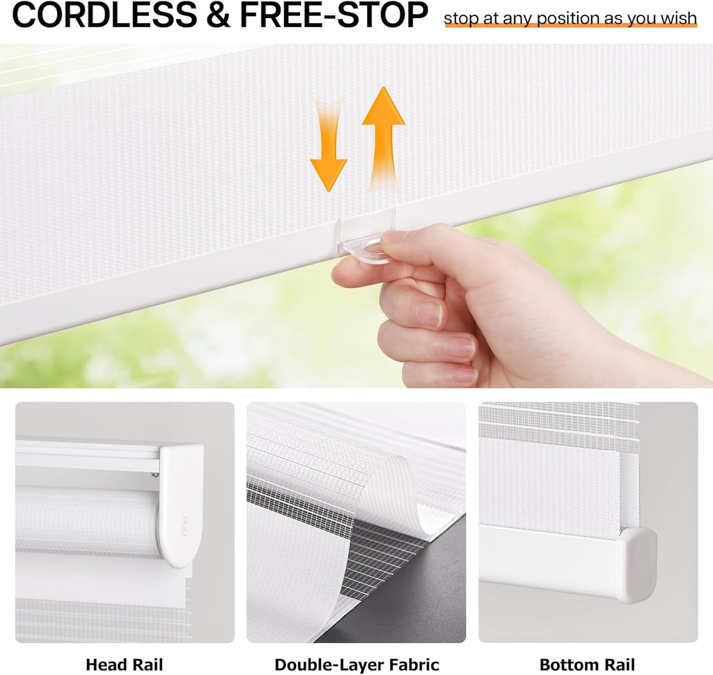No Tools No Drill Cordless Zebra Blinds 25x48, White | Dual Layer Light Control for Day and Night, Light Filtering