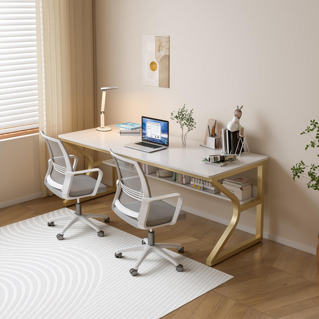 63-Inch Extra Long Desk with Storage Shelf, Gold
