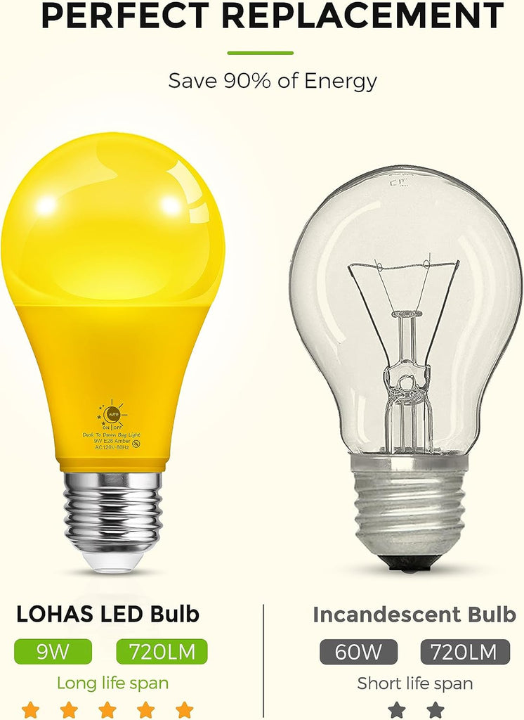 Yellow Bug Light Bulbs Outdoor, A19 Dusk to Dawn LED Bug Light Bulbs, 2000K Amber Glow, Photocell Sensor LED, Auto
