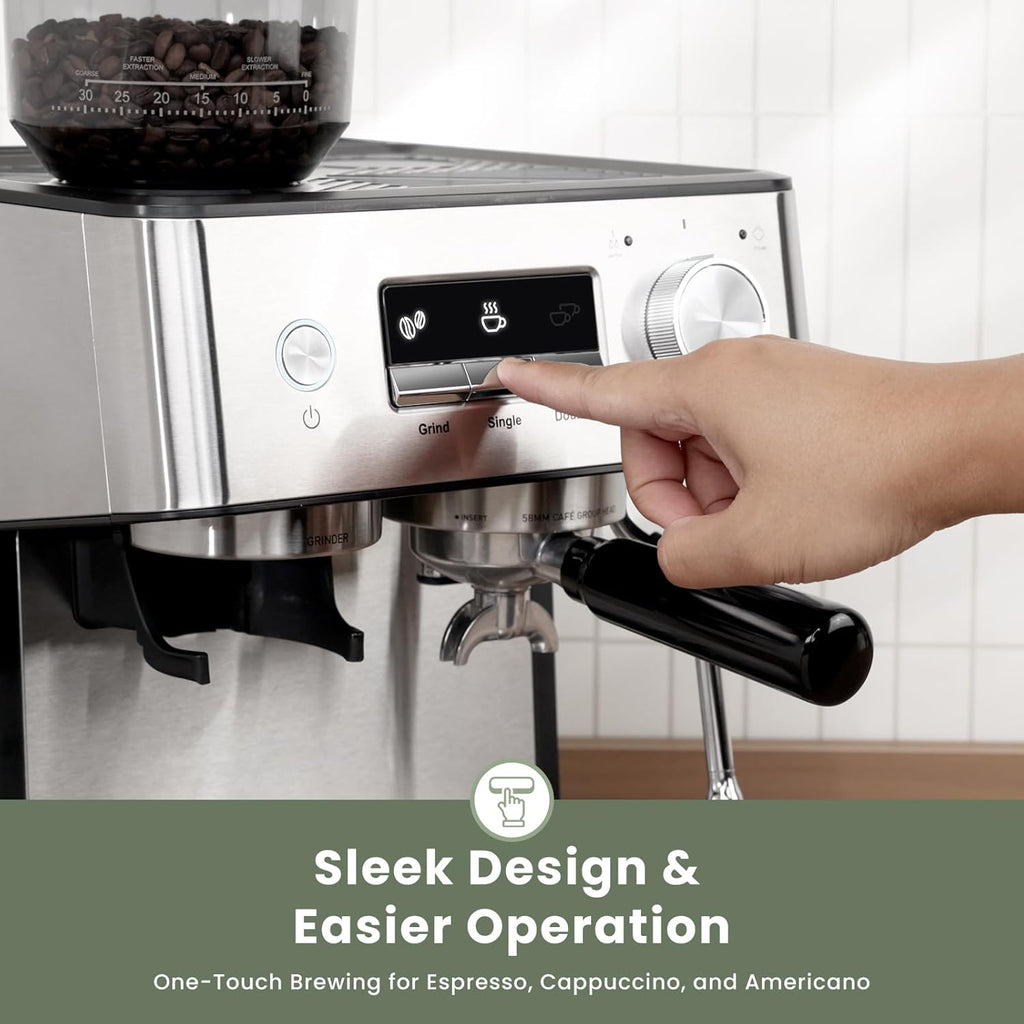 20 Bar Espresso Machine with Grinder & Steam Wand for Latte Cappuccino | Removable Water Tank, Powerful Milk Frother