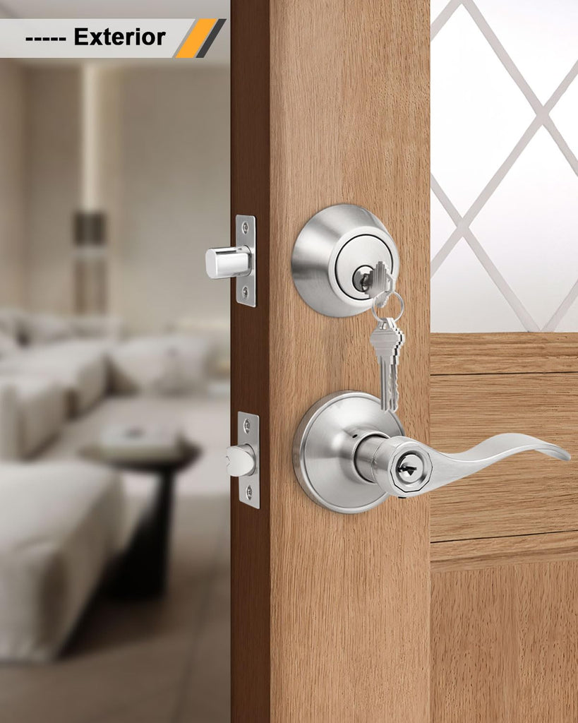 Keyd Alike Entry Door Handle and Single Cylinder Deadbolt Combo Locksets in Satin Nickel, Wave Style Lever with Lock