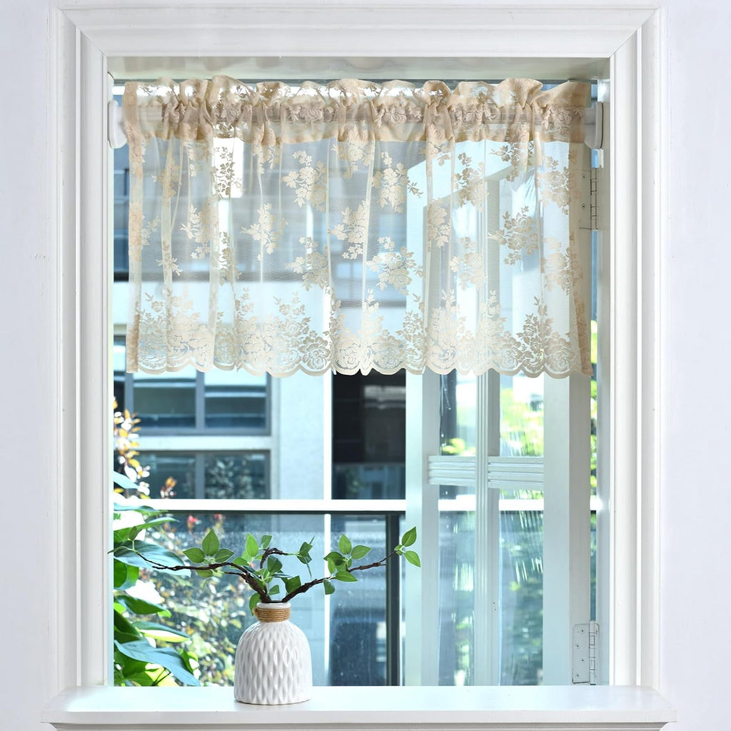 Beige Lace Valance Curtain for Kitchen Window, Rusitc Floral Vintage Cream Sheer Valance Over Sink 18 Inch Length