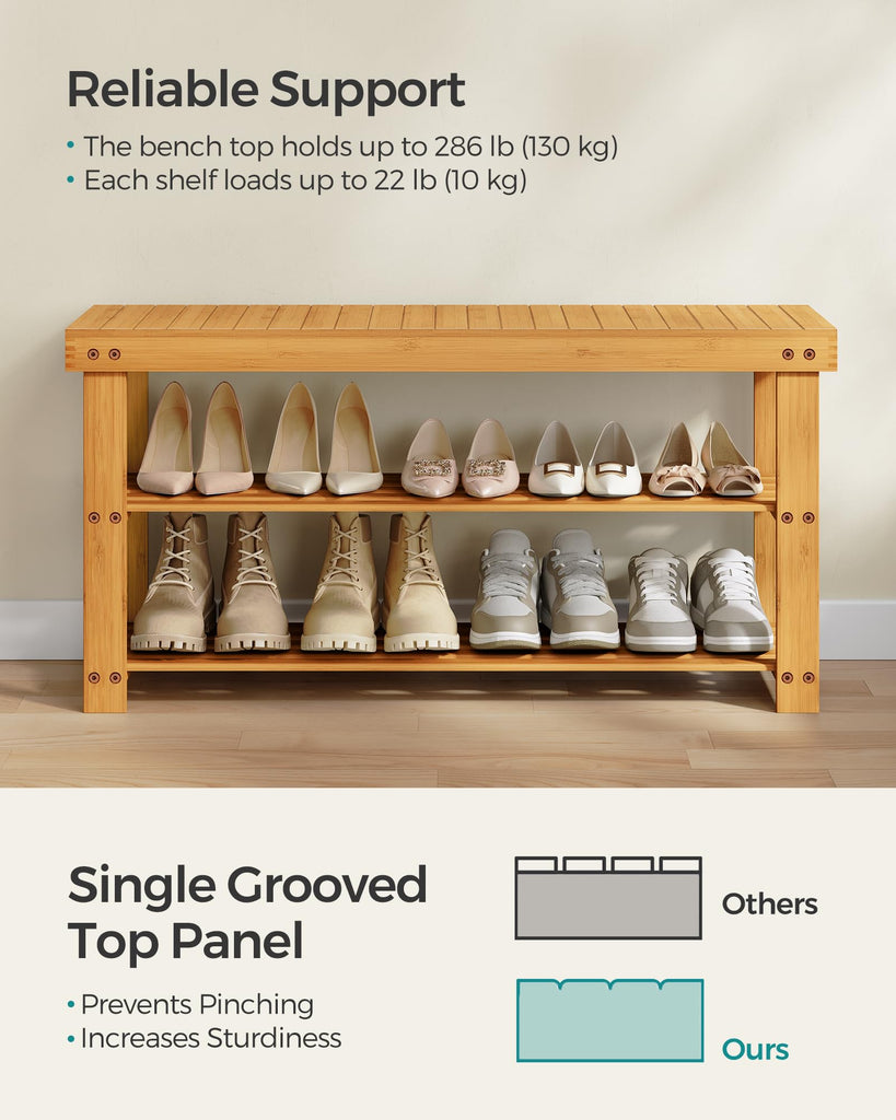 Shoe Rack Bench, 3-Tier Bamboo Entryway Bench, 35.2 Inches Width