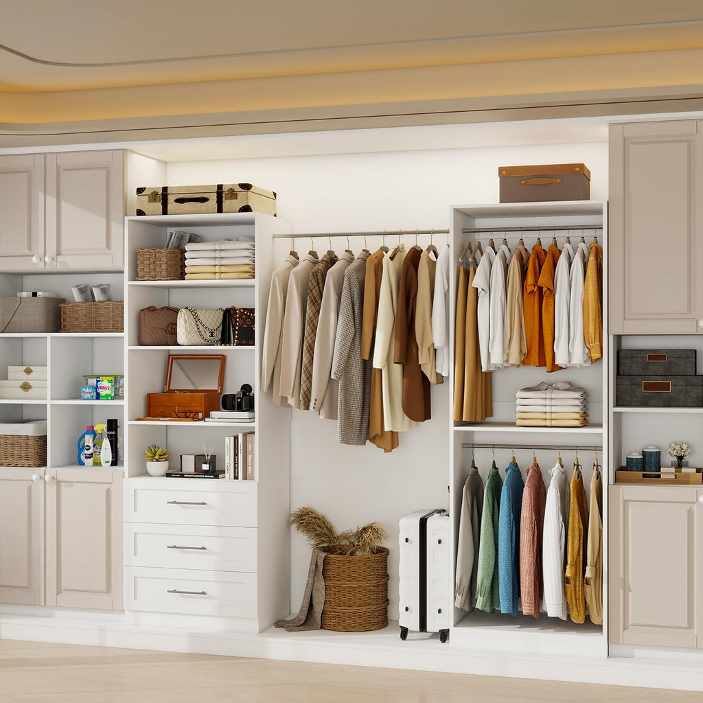 Closet System of 2 Sets with 3 Drawers & 4 Shelves & 4 Hanging Rods, 4FT-10FT Closet Organizer System, Walk in