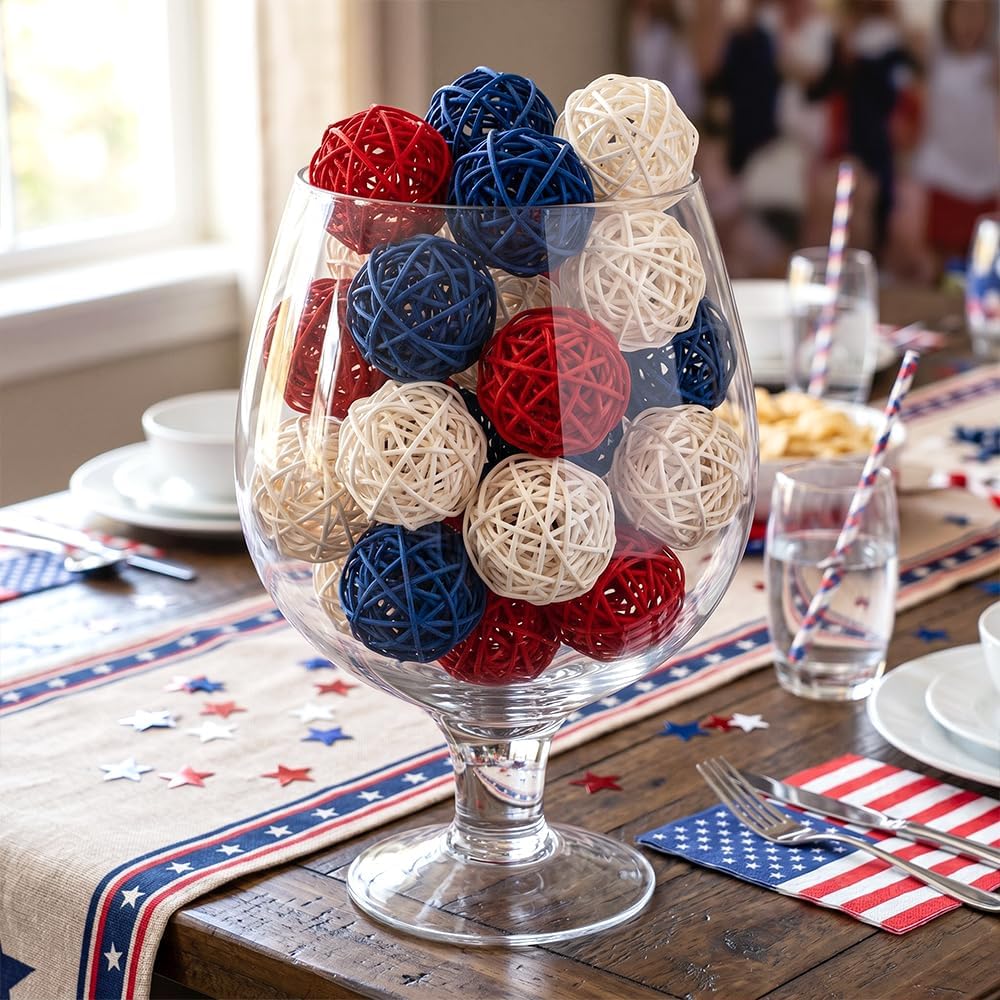 4th of July Decorations Rattan Balls, Patriotic Vase Bowl Filler - Set of 18