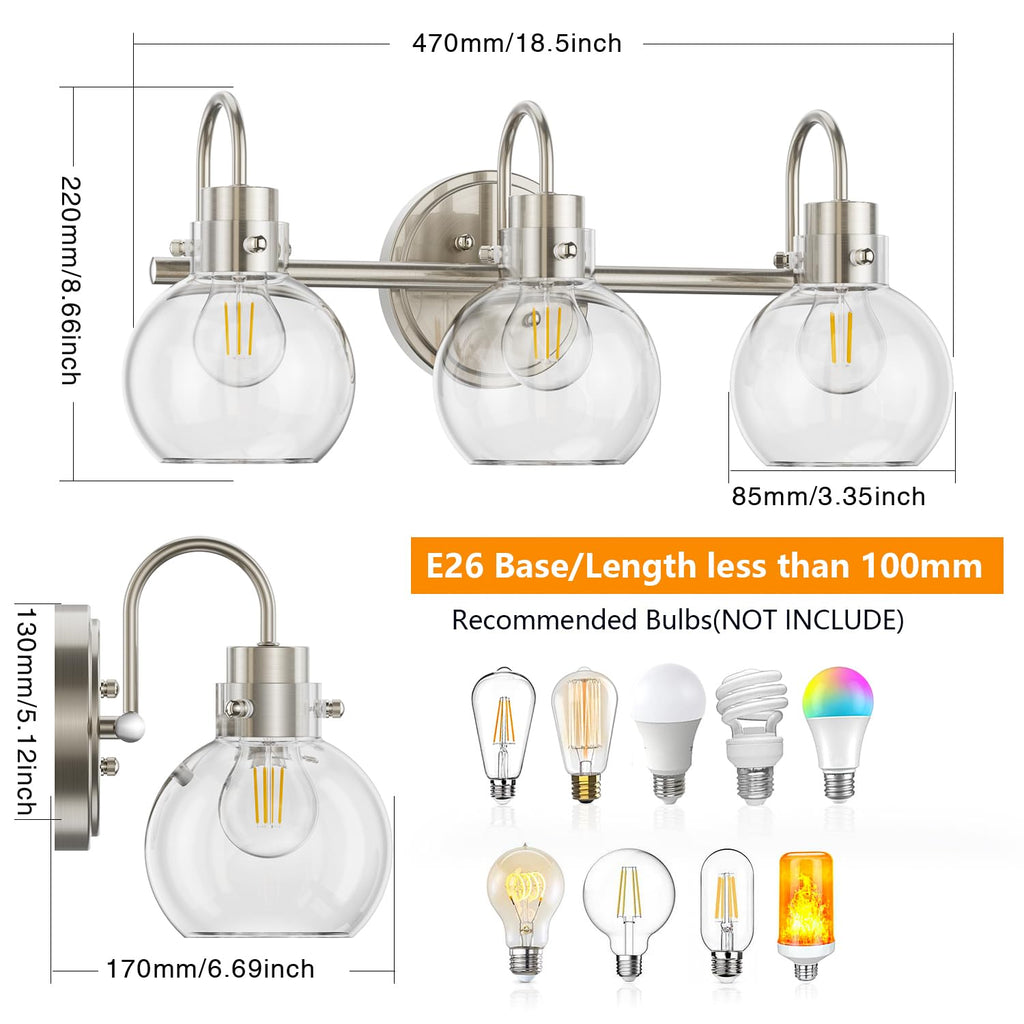 3 Lights Vanity Light, Brushed Nickel Bathroom Light Fixtures, Farmhouse Wall Sconces with Globe Clear Glass Shade