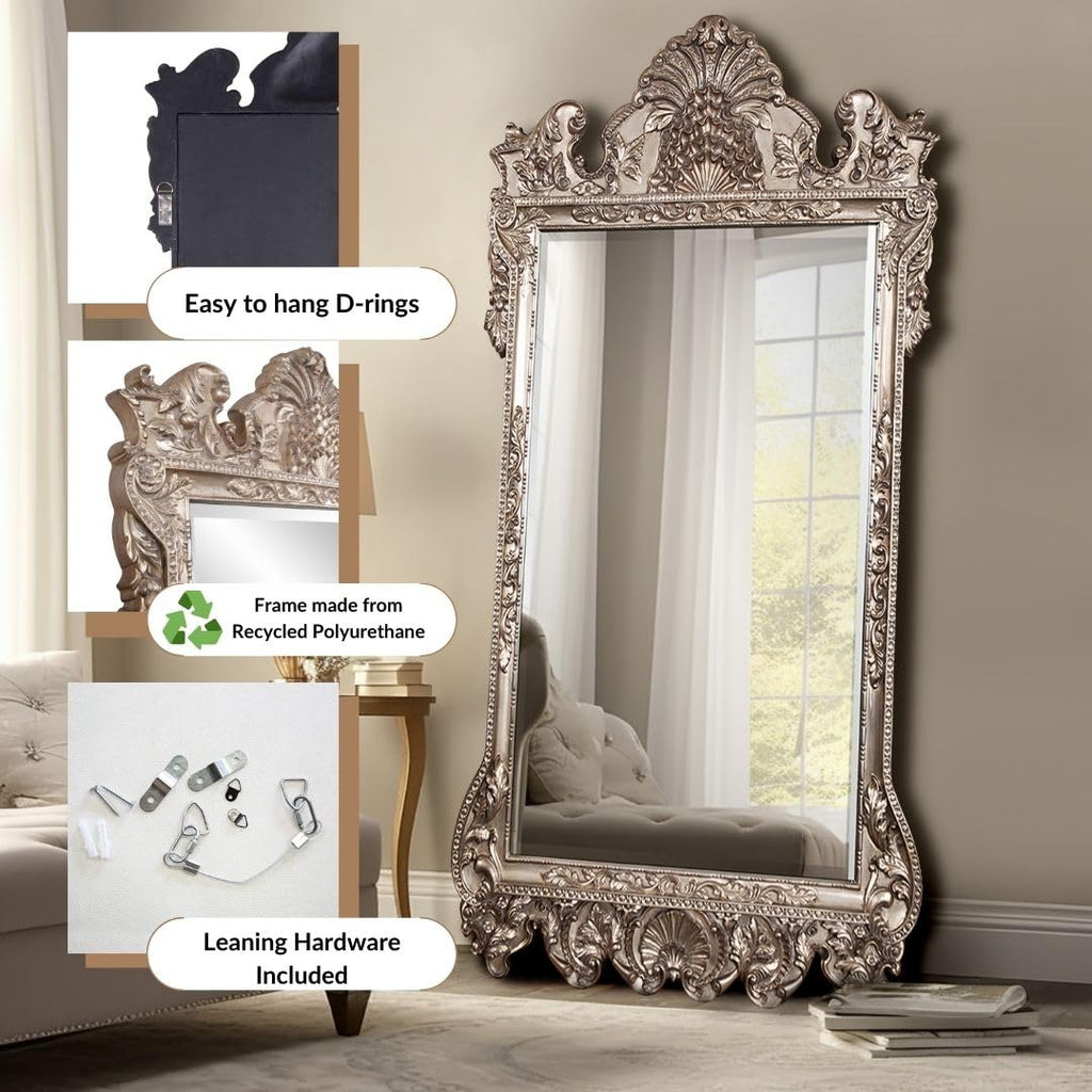 Marquette Antique Oversized Full Length Mirror, Ornate Full Body Standing Floor Mirror, Large Leaning Wall Mirror
