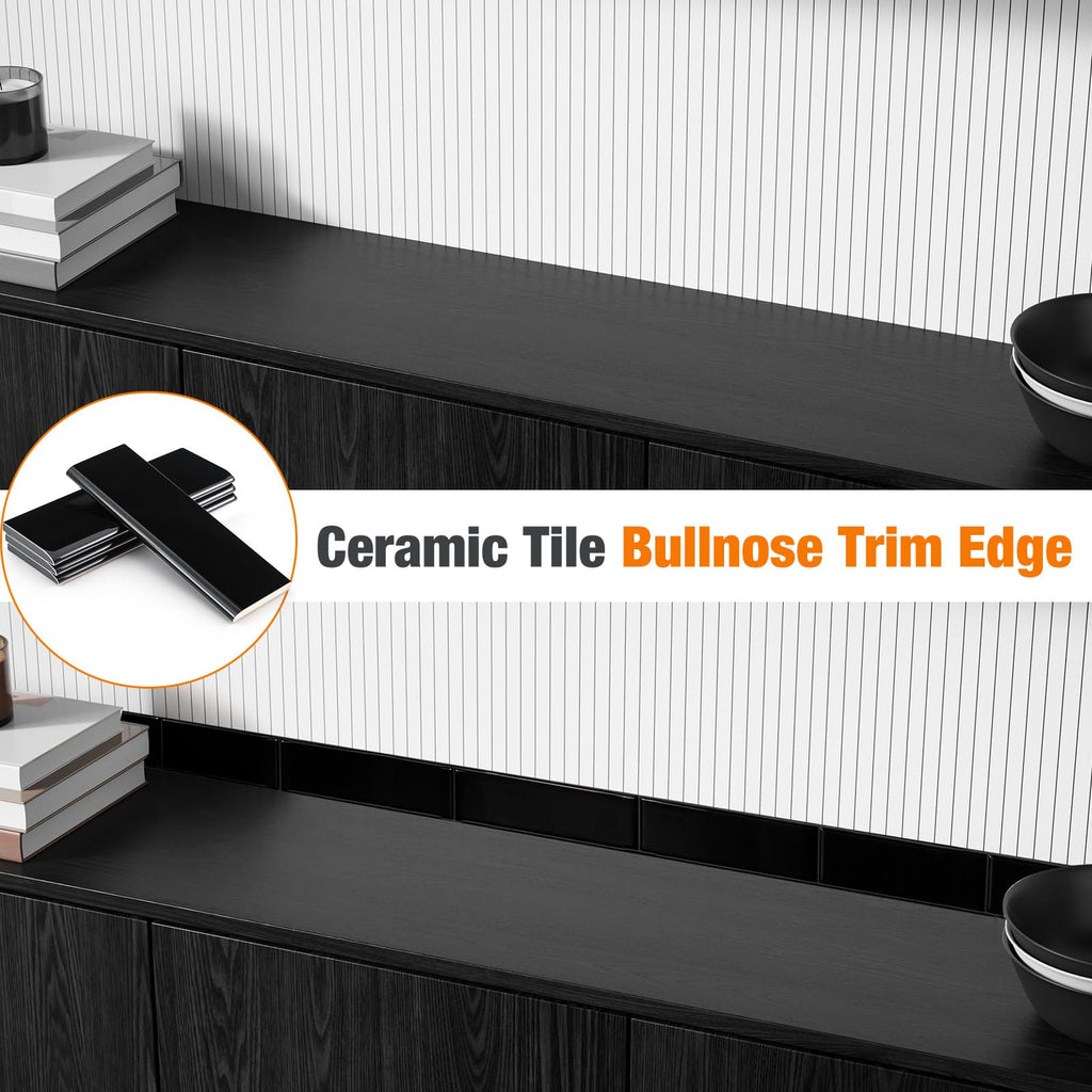 5 Pcs 40 Bullnose Trim 2 x 6 in Ceramic, Single Round Edge, Black