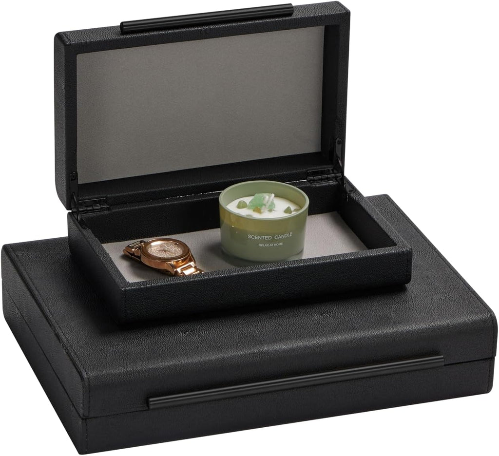 KIngflux Shagreen Decorative Boxes-Modern Faux Leather Jewelry Orgazier, Engineered Wood Keepsake Boxes - Set of 2