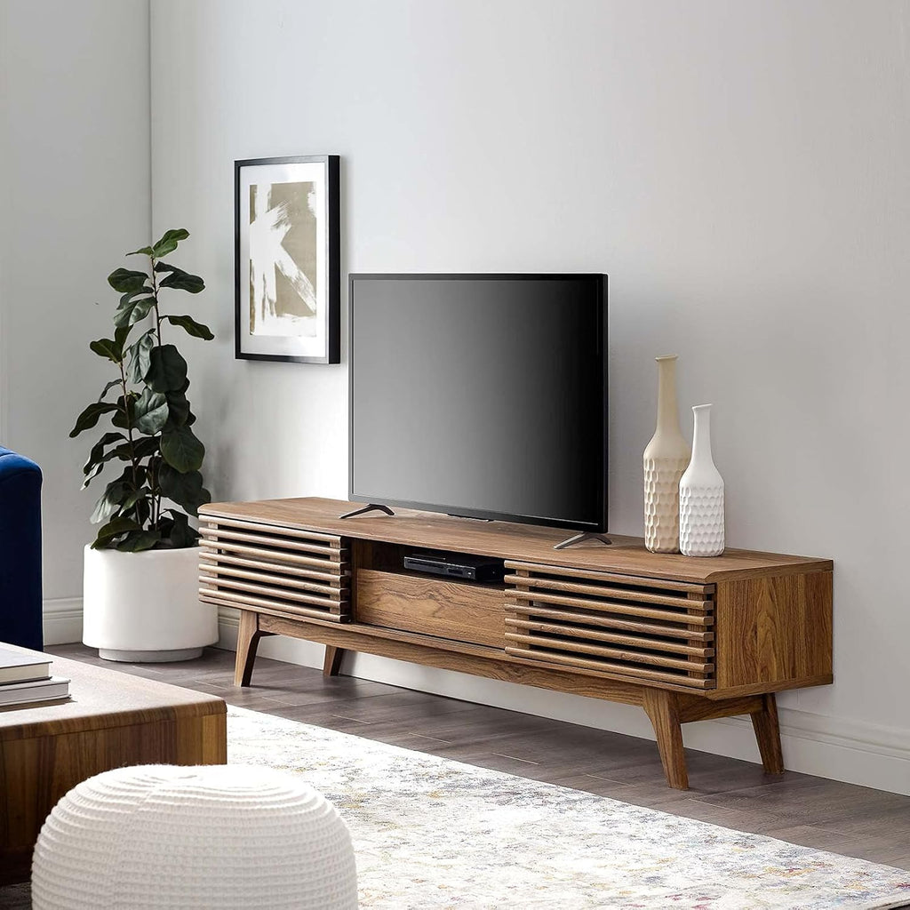 Render 70" Mid-Century Modern Low Profile Entertainment TV Stand, 70 Inch, Walnut Walnut