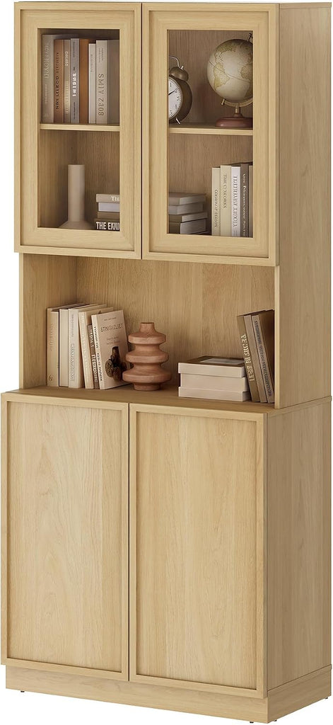 Modern 72" Tall Bookshelf with Glass Doors & Adjustable Shelves, Library Bookcase with Closed Storage Cabinet and