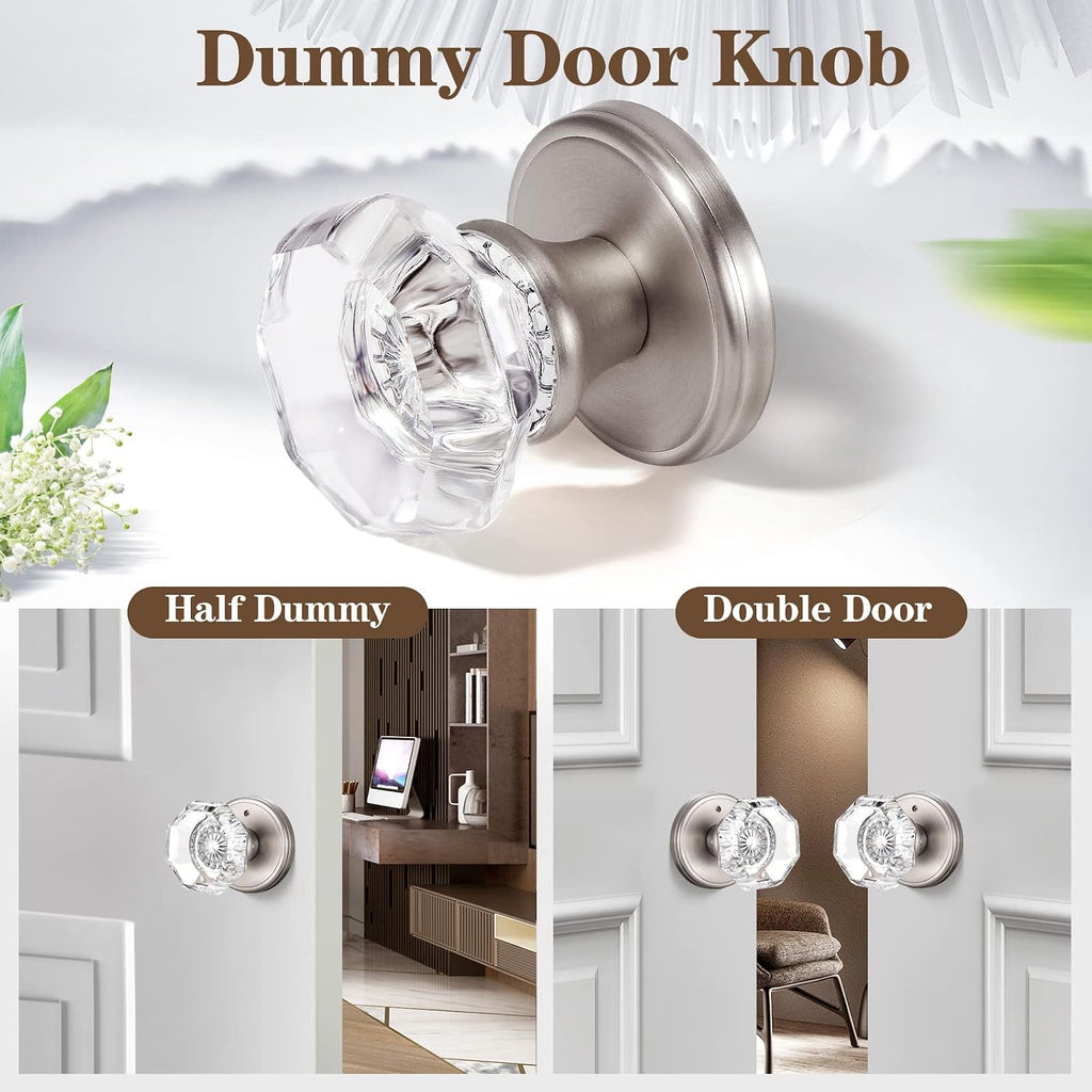 2 Pack Crystal Dummy Door Knobs, Non-Turning Single Side Dummy Door Knob, Brushed Nickel