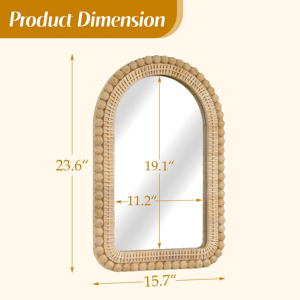 Arched Rattan Wall Mirror - 16x24 Inch Boho Elegance with Woven Frame and Wooden Bead Trim, Decorative Mirror Vanity