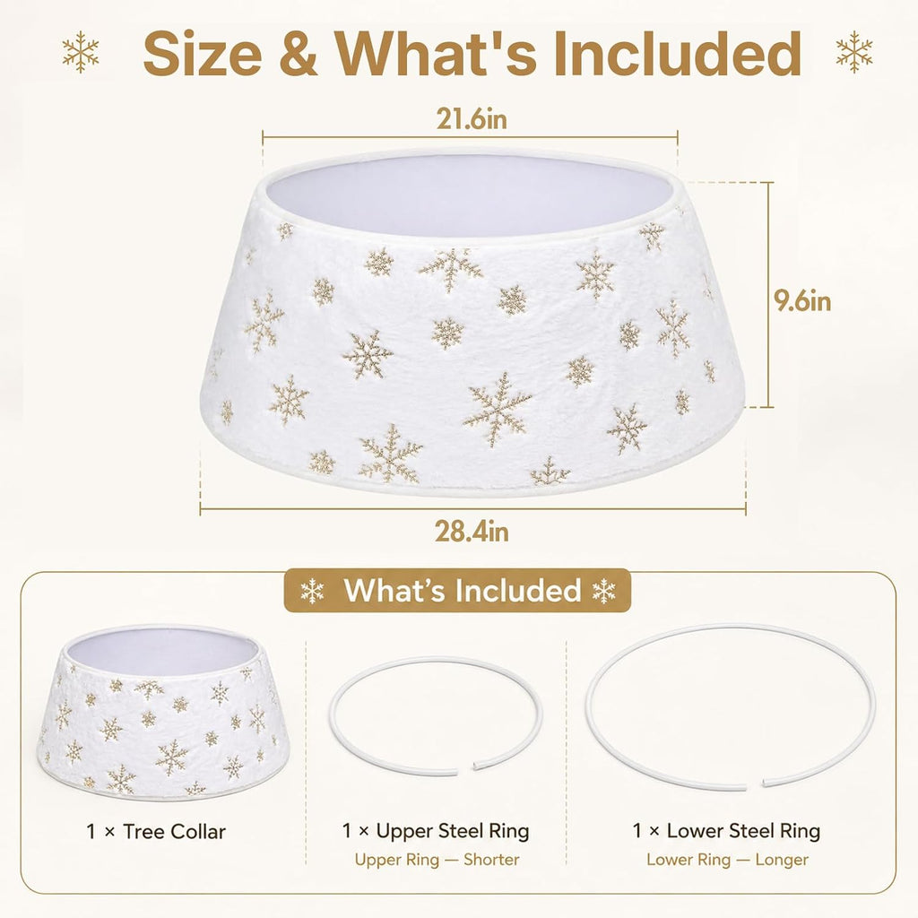Christmas Tree Collar, 28 Inches Silky Fur White with Gold Snowflake Tree Skirt with Plastic Stand for 6FT Trees, Boho