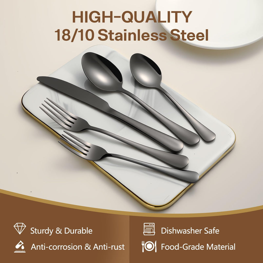 Black Silverware Set, 30 Piece Flatware Cutlery Set for 6, 18/0 Stainless Steel Silverware, Mirror Polished Cutlery