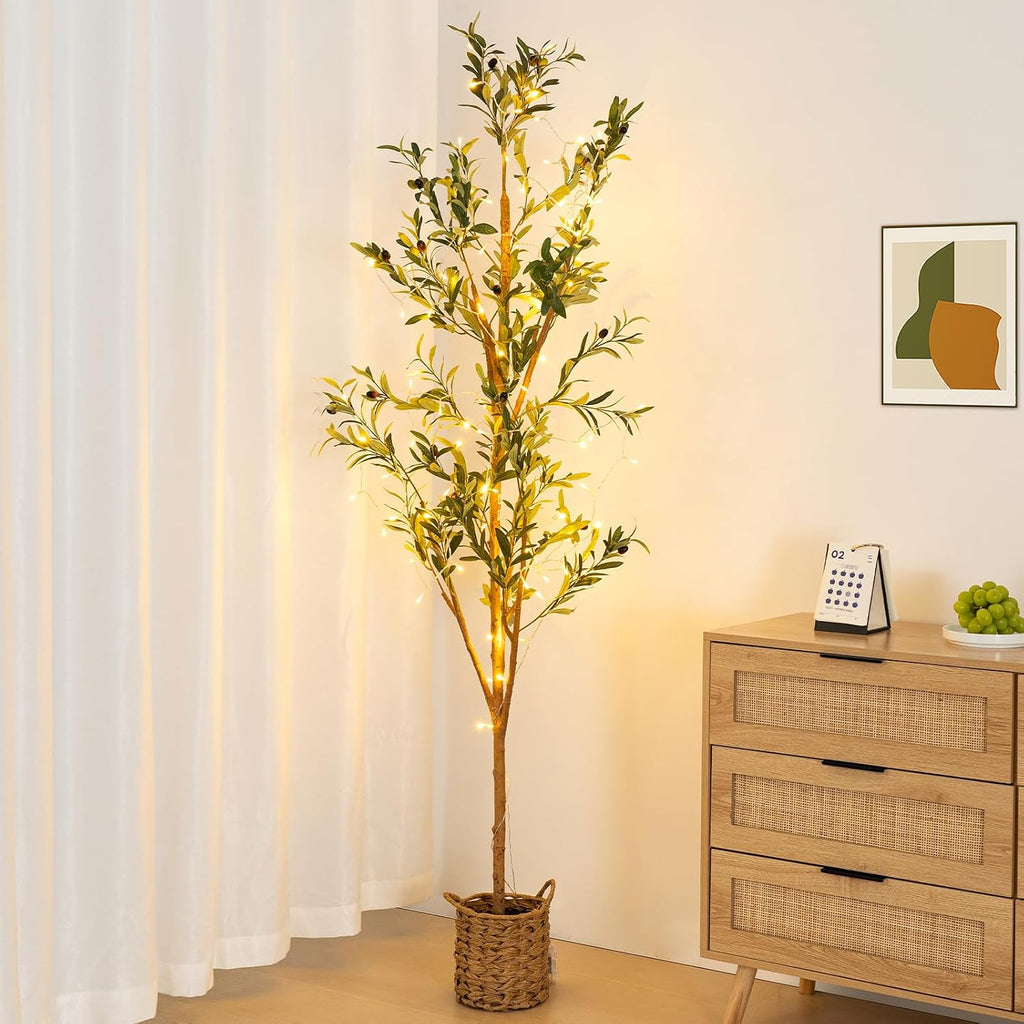 6ft Artificial Olive Tree with LED Fairy Lights, Tall Faux Potted Plant with Woven Basket - Natural Wooden Trunk &