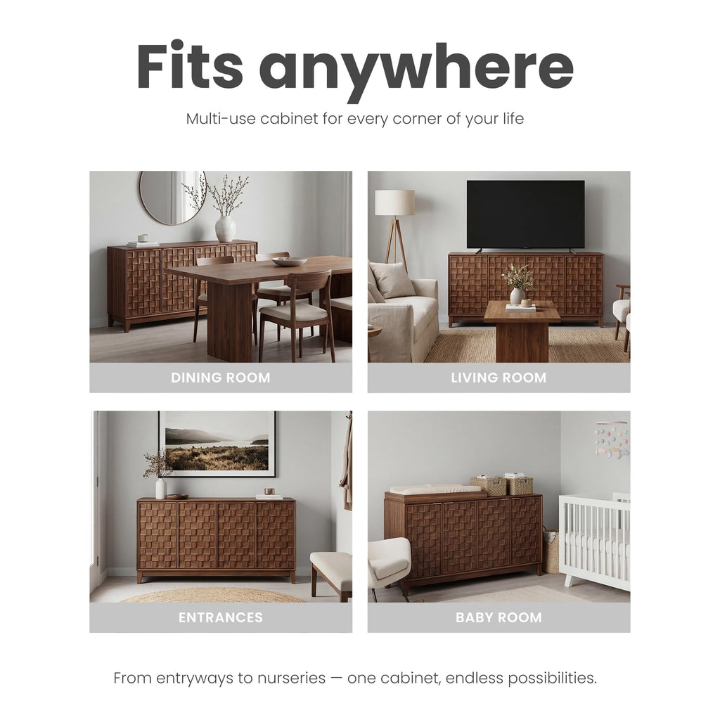 Fluted Sideboard Buffet Cabinet with Storage, 59" Wood Buffet Table with 4 3D-Checkerboard Doors & Adjustable