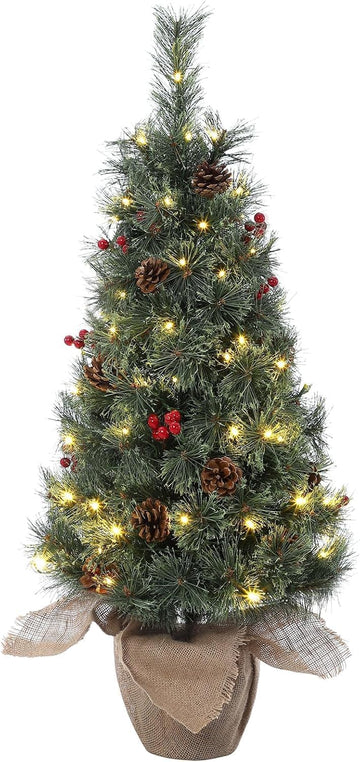 3ft Mini Pre-Lit Christmas Tree, Artificial Tabletop Snow Flocked Christmas Trees, Small Potted Xmas Tree with 78 LED