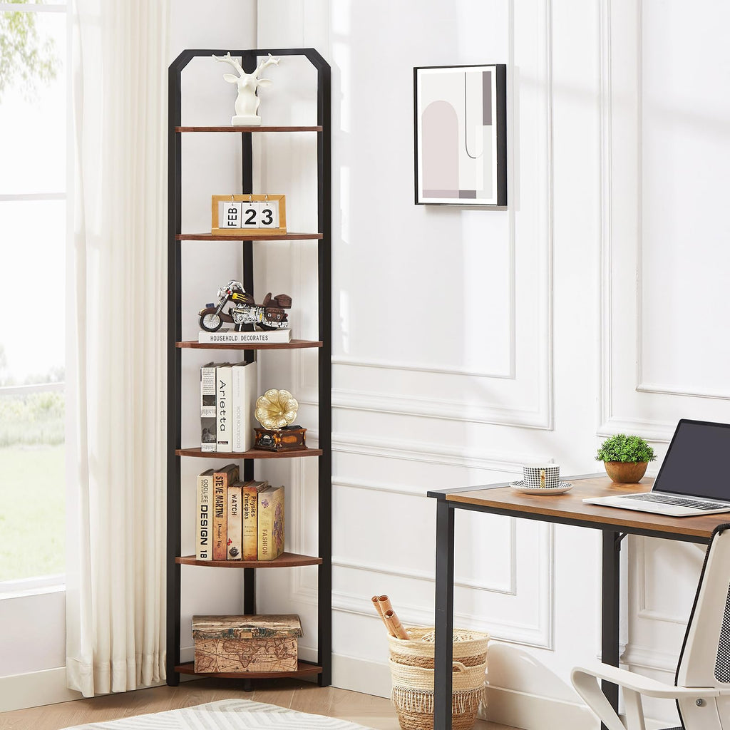 6‐Tier Corner Shelf, 71" Tall Narrow Corner Bookshelf, Brown