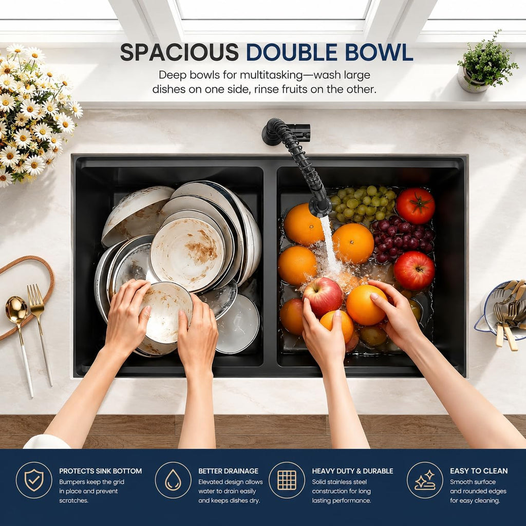 Black Undermount Kitchen Sink, 32 Inch Double Bowl Sink | Black Stainless Steel Kitchen Sink, 32" x 18" T304 16 Gauge